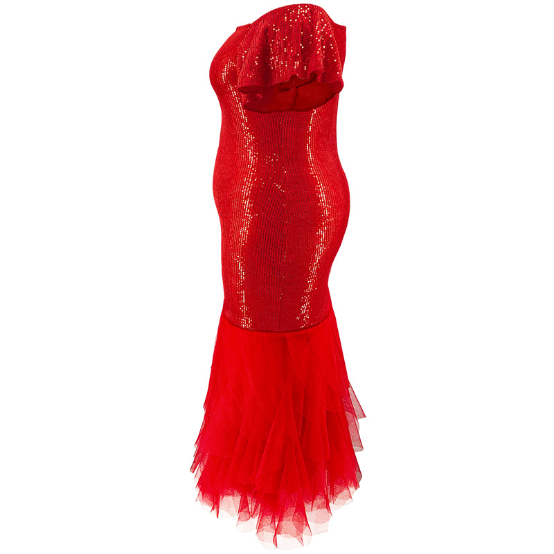Elegant Plus Size Evening Dress In Red With Sequin Mesh Details_voghion.com