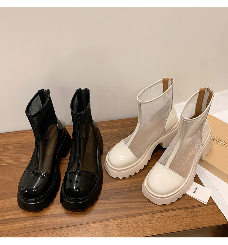 Boot ngắn nữ da thật vải lưới cao gót 6cm mùa hè phong cách Anh thoáng khí — Màu đen, Trắng be chi tiết 54