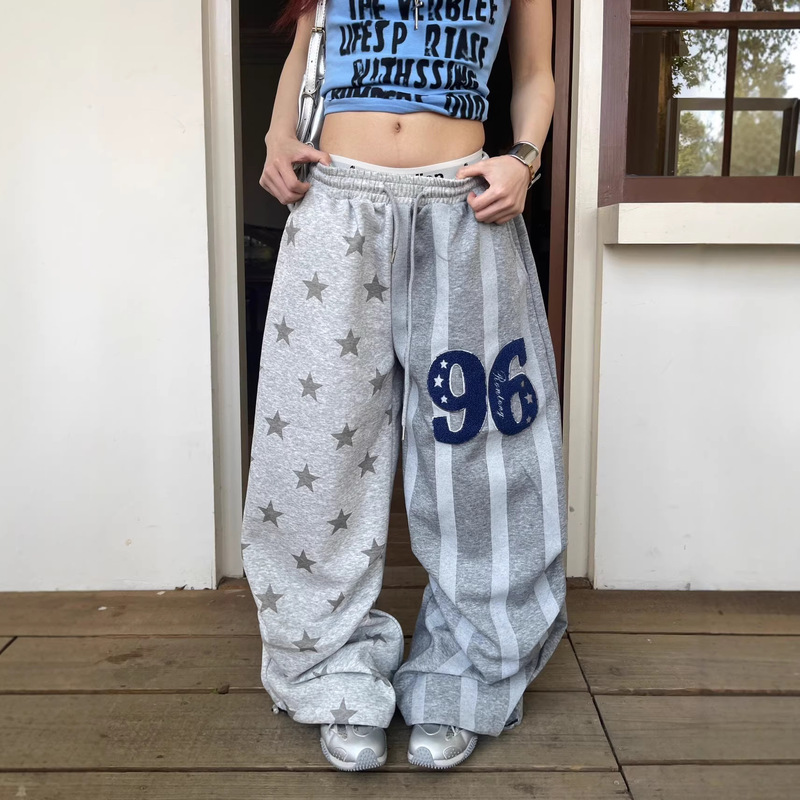 Direct Sale from the Manufacturer: Starry American-Style Gray Casual Sweatpants for Women, New Design, Straight Wide-Leg, Floor-Length, Loose Pants Direct Sale from the Manufacturer: Starry American-Style Gray Casual Sweatpants for Women, New Design, Straight Wide-Leg, Floor-Length, Loose Pants
