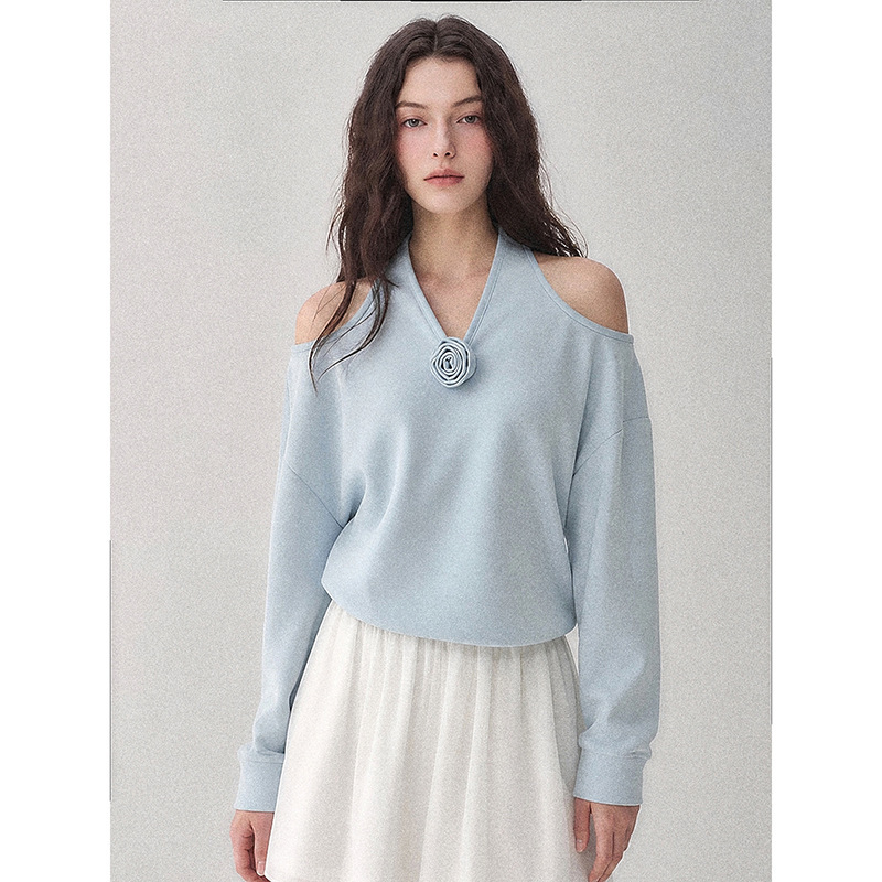[Smoked Rose] Goming Autumn Women's New Floral Off-Shoulder Long-Sleeve Sweatshirt Top Cn7282