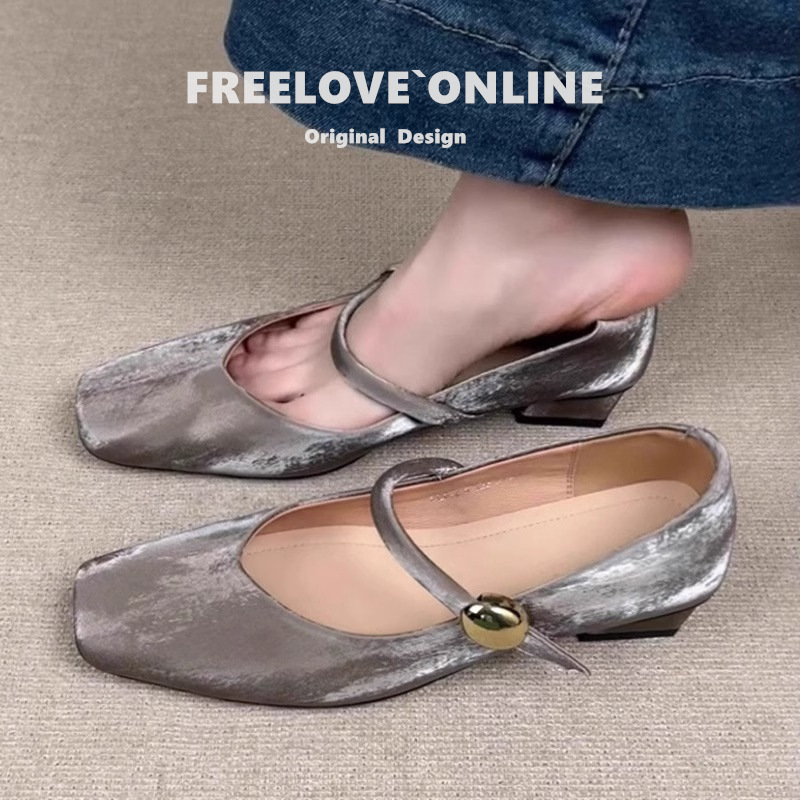 Genuine Leather Super Soft French Thick Heel Flats Square Toe Low Heel Ballet Shoes New Chinese Style Buckle Mary Jane Shoes Spring and Summer