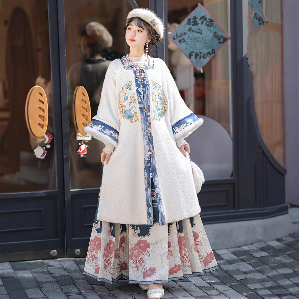 2024 новый оригинальный Hanfu женский кардиган с квадратным вырезом, юбка с конским лицом, толстая и бархатная вышивка, повседневная осенняя и зимняя модель