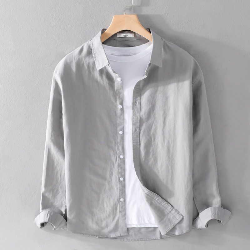 Camisa de lino blanco para hombre de manga larga casual solapa suelta joven japonés transpirable algodón lino camisa en pulgadas de moda masculina