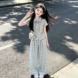 女童夏装翻领POLO衫格子裤两件套2026新款中大童韩范洋气拼色套装