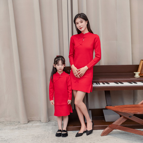 Chinese style Tang suit cashmere sweater children's sweater parent-child sweater red parent-child clothing mother and daughter clothing high-end winter