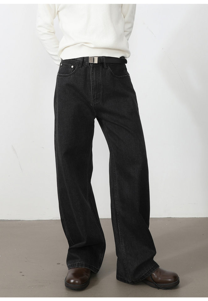 Quần jean nam ống rộng dáng suông thoải mái kiểu Mỹ, vải denim xử lý giặt mài, lưng trung, dài quần — Xanh da trờicolor, Xám đen, màu xám nhạt chi tiết 27