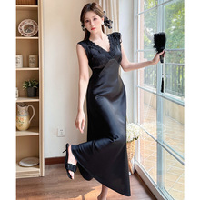 夏季V领冰雪丝睡裙女性感蕾丝露背无袖裙带胸垫背心长裙家居服女