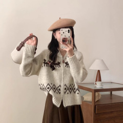 韩版费尔岛复古提花翻领毛衣女秋冬新款宽松软糯长袖针织上衣外套