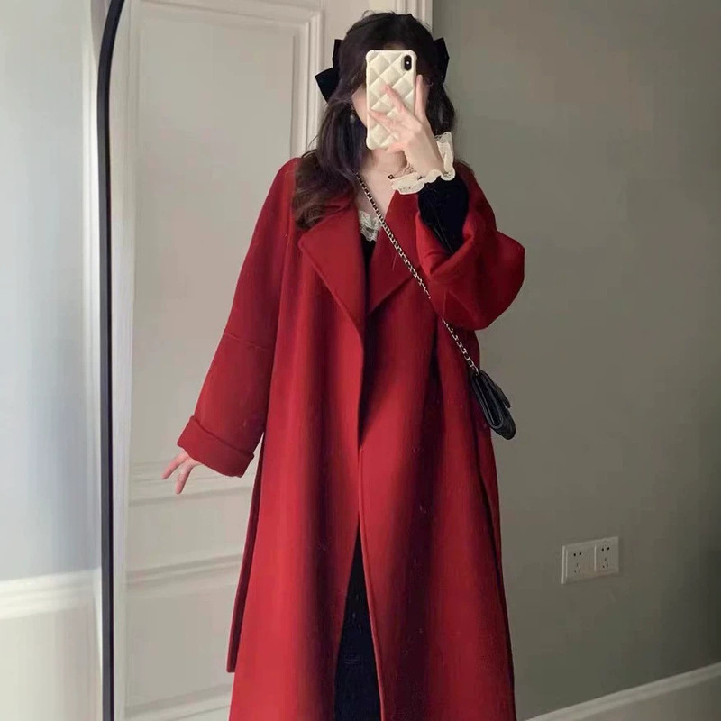 Burgundy double-sided cashmere wool long coat, new autumn and winter Korean-style wedding toast attire woolen coat Burgundy double-sided cashmere wool long coat, new autumn and winter Korean-style wedding toast attire woolen coat