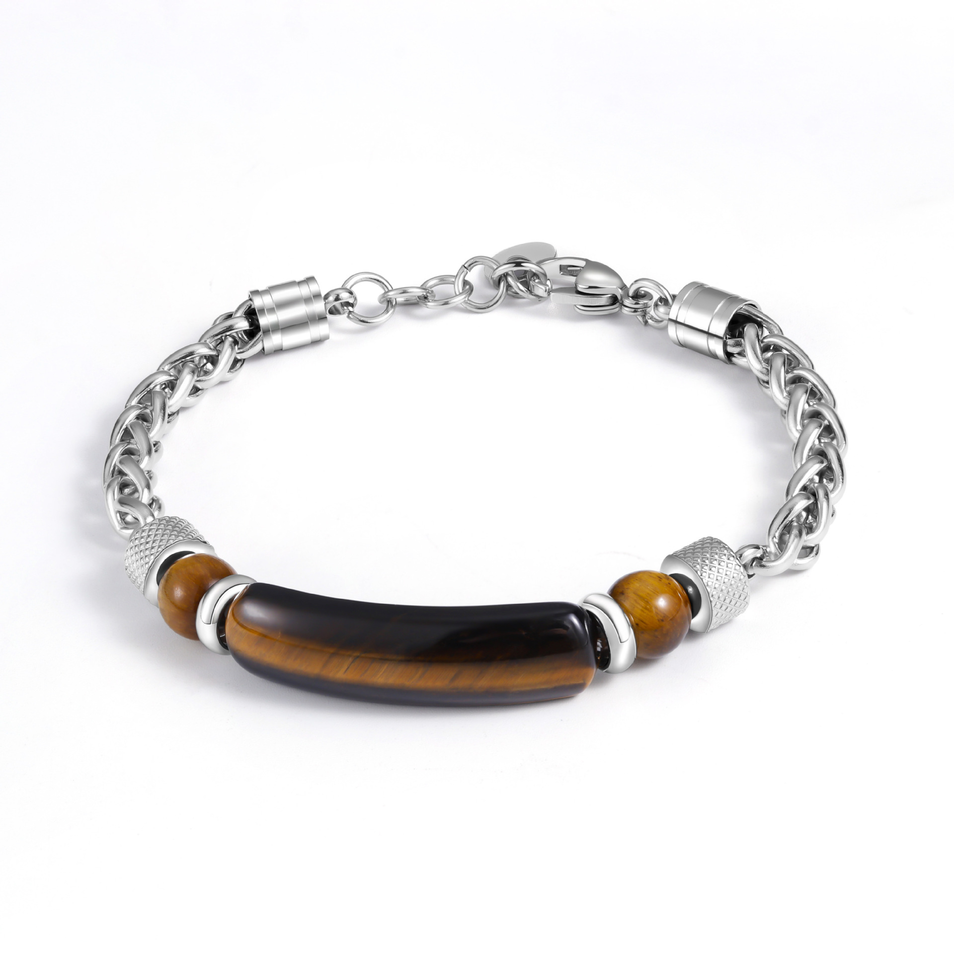 Bracelet - Natural tiger's eye stone and stainless steel bracelet, retro style