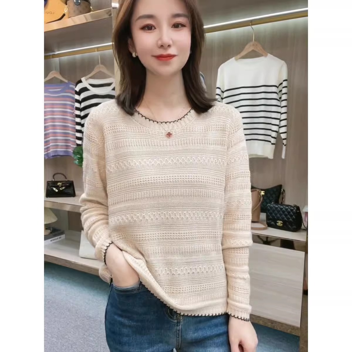 Women's Loose Inner Sweater Spring and Autumn 2024 New Long Sleeve Crewneck Top High-grade Hollow Knitted Base Shirt