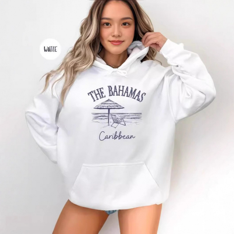 Women's Drop-Shoulder Ribbed Bahamas Grunge Style Hoodie Sweatshirt with Print, In Stock
