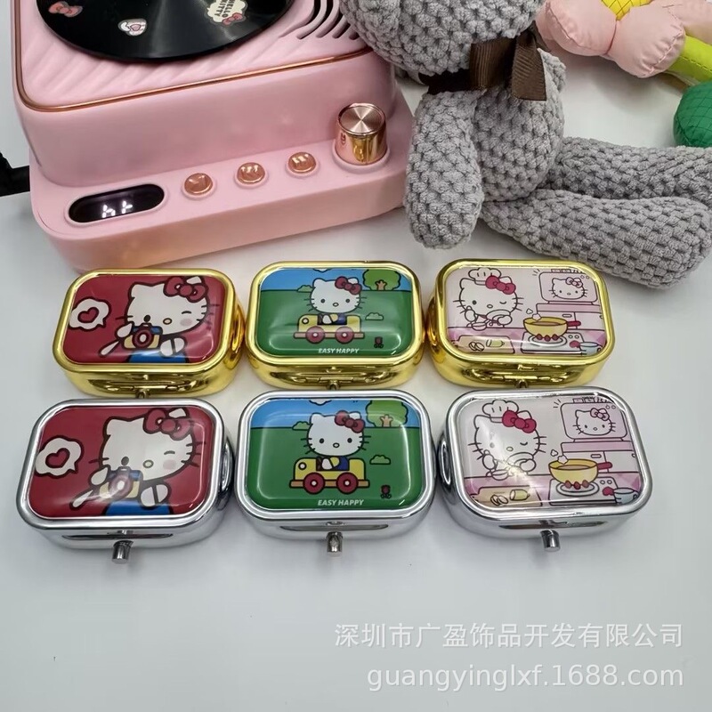 In-Stock Kt Metal Pill Box Portable Earring Box with Two Compartments Chrome-Colored Sanrio Eyeshadow Organizer Box