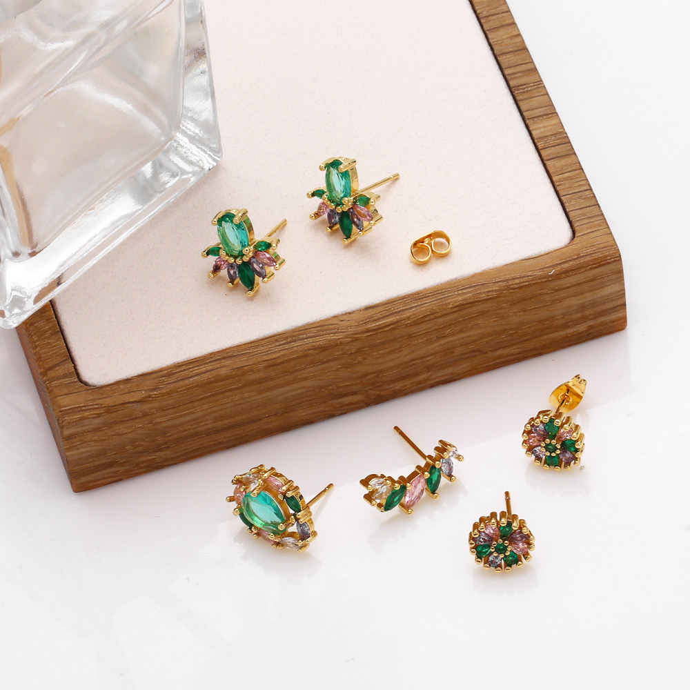 simple geometric color zircon copper 18k gold-plated earrings