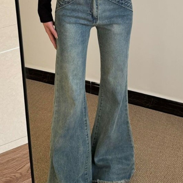 小个子复古蓝毛边微喇牛仔裤女秋季新款中高腰显瘦设计感喇叭裤子