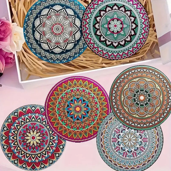 Fashion Wooden 8 Piece Set Charming Ethnic Style Art Coaster Heat Resistant Non-Slip Drink Suitable for Mandala Coaster