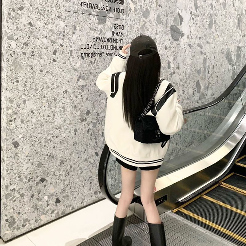 厚みのあるベルベットのコントラストカラーステッチ野球ジャケット女性の秋と冬のルーズスリムカジュアル長袖ジャケット薄いトップ|undefined