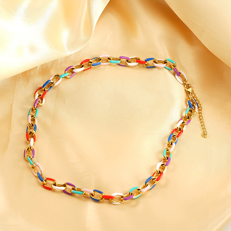 Collana con catena cubana colorata alla moda europea e americana, con catena a clavicola, goccia di smalto, multicolore, moda personalizzata, in acciaio al titanio transfrontaliero_voghion.com