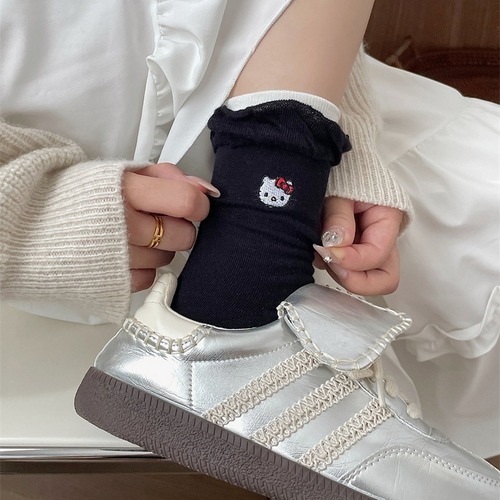 New Japanese-style double-layer bubble mouth cute school sock for girls, mid-calf length, cat cartoon embroidery, pure cotton, fluffy socks