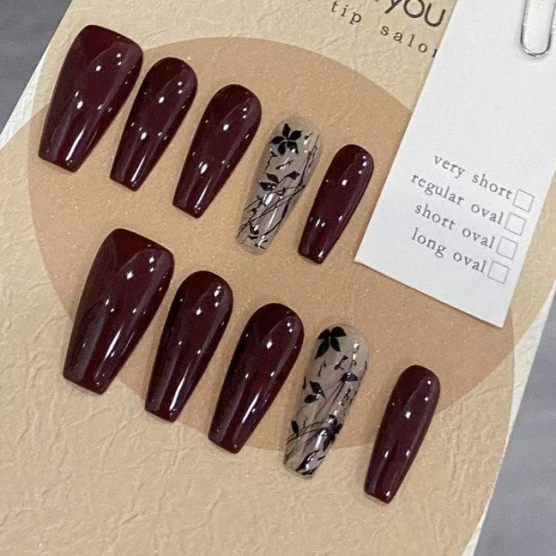 Handmade Nail Tips, Removable and Wearable Nails, Retro Wine Red, Autumn and Winter, Brightening Effect, Maple Leaf, Chinese Style, Cherry Color, New Chinese Style, Painted Design Handmade Nail Tips, Removable and Wearable Nails, Retro Wine Red, Autumn and Winter, Brightening Effect, Maple Leaf, Chinese Style, Cherry Color, New Chinese Style, Painted Design