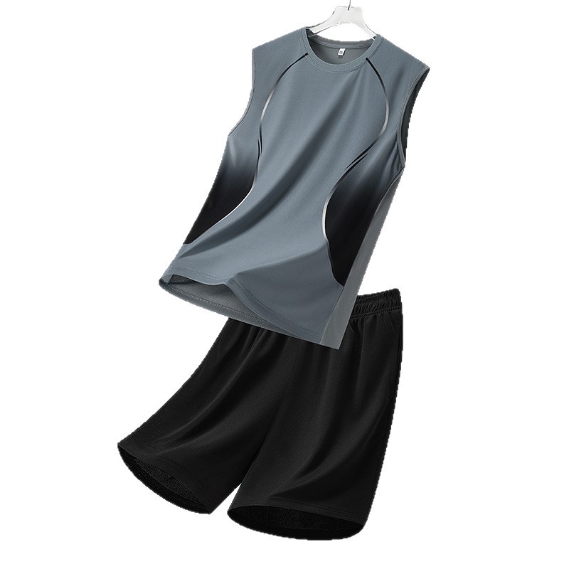 Traje deportivo para hombres de verano, traje casual para hombres, impresión graduada, suelta de dos piezas, chaleco de secado rápido, pantalones cortos para hombres