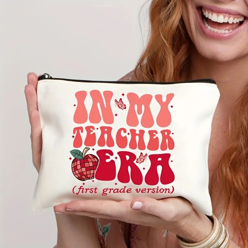 Bolsa de cosméticos Temu rosa con letras de lino, estampada por ambos lados, bolsa de almacenamiento multifuncional con cremallera para mujer, moderna y práctica.