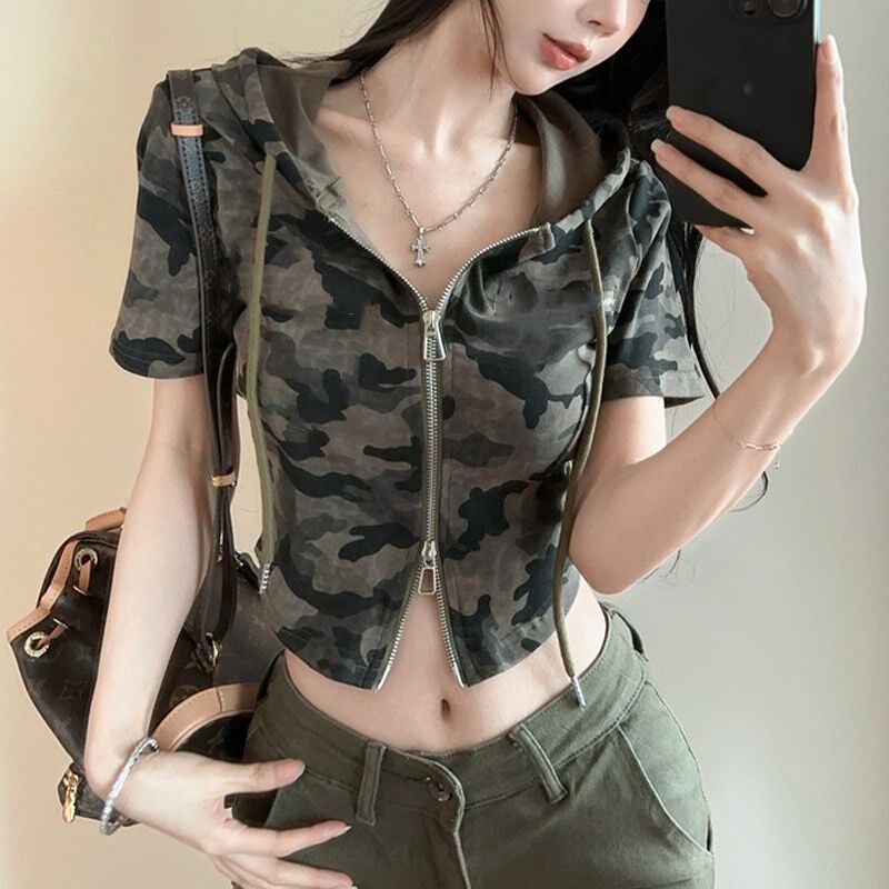 Pure Desire Hot Girl Camouflage Hooded Short Jacket T-Shirt Women's V-Neck Zipper Waist-Tightening Short-Sleeve Cardigan Crop Top Pure Desire Hot Girl Camouflage Hooded Short Jacket T-Shirt Women's V-Neck Zipper Waist-Tightening Short-Sleeve Cardigan Crop Top