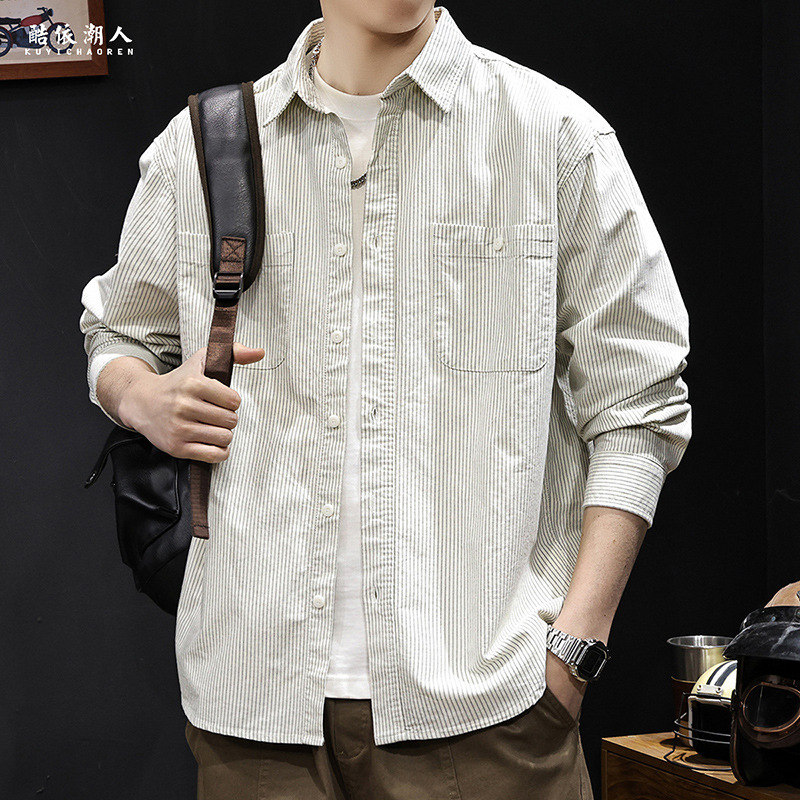 Striped American-Style Men's Long-Sleeve Shirt, Spring 2026 New Casual Fashion, Trendy Versatile High-End Large Size for Spring and Autumn