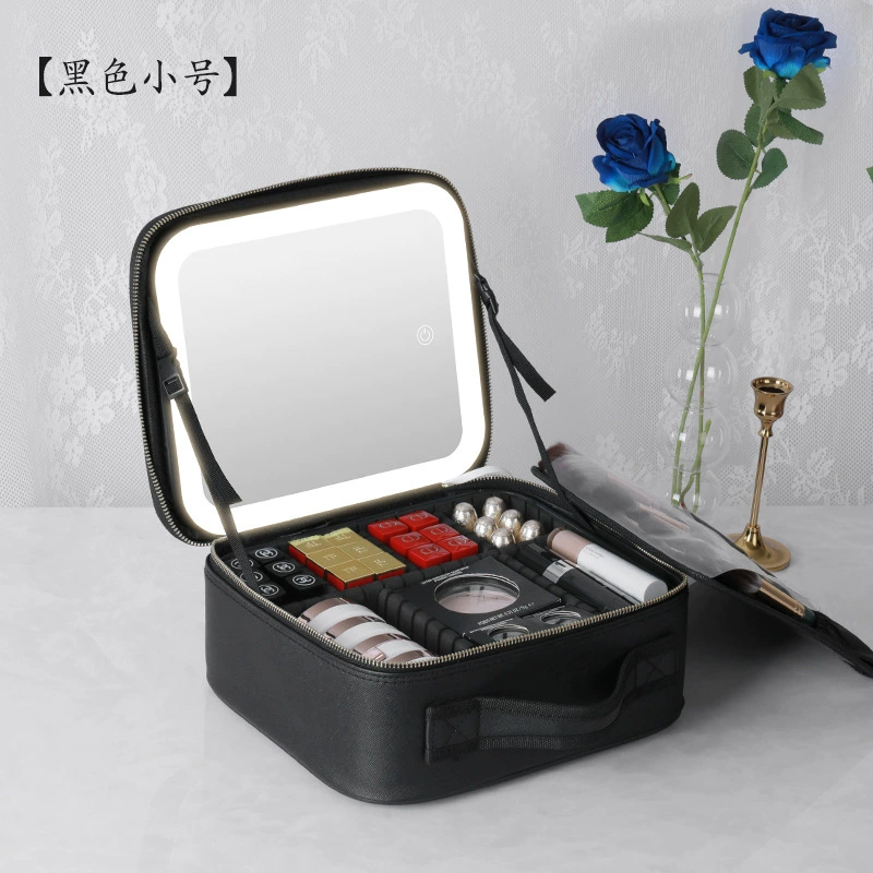 Table storage box with light, mirror, handheld cosmetic bag, purse, organizer bag