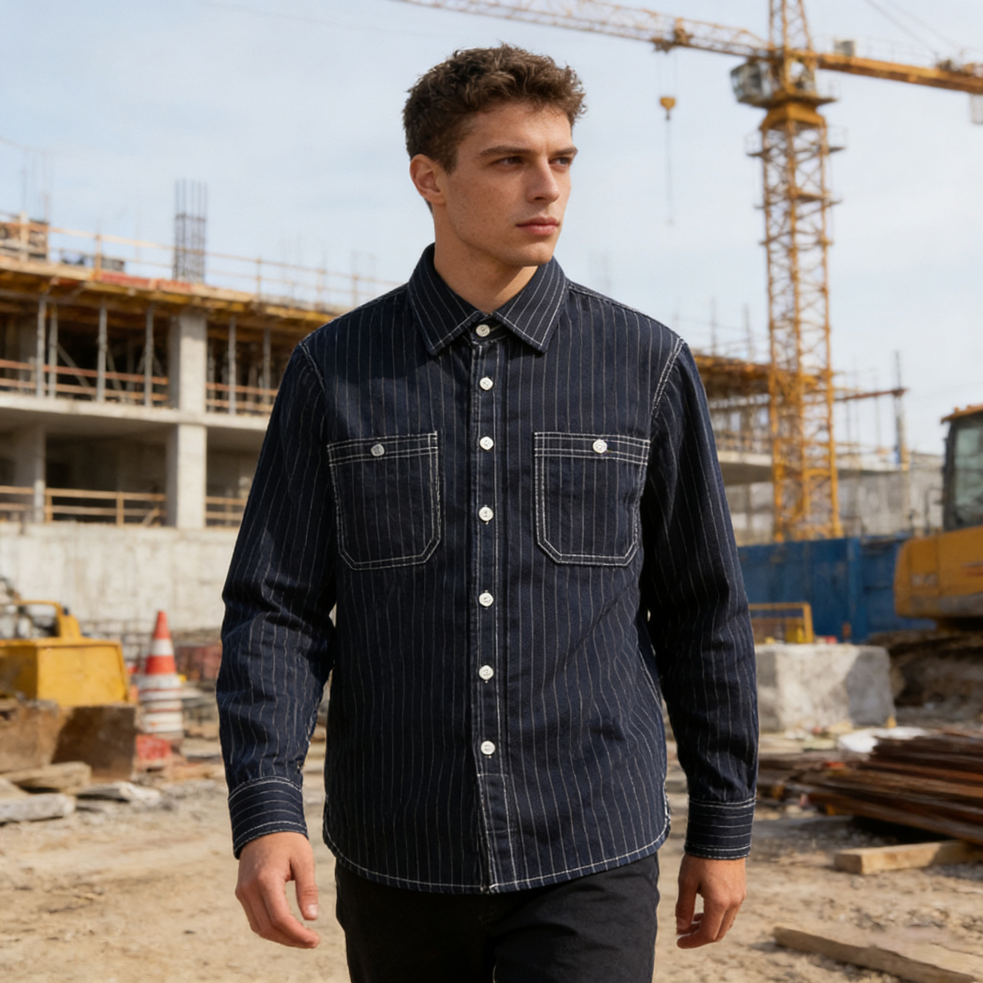 Camicia uomo stile retro americano a righe verticali_voghion.com