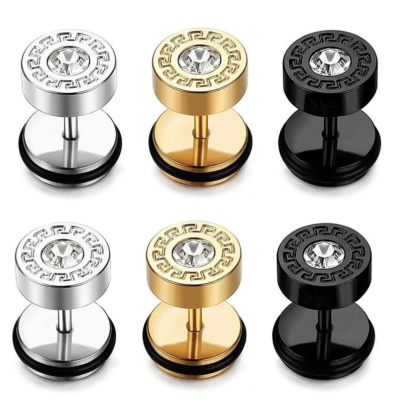 Cross-Border Popular Stainless Steel Earrings Trendy Great Wall Pattern Diamond-Encrusted Screw Ear Studs Fashion Punk Titanium Steel Ear Jewelry