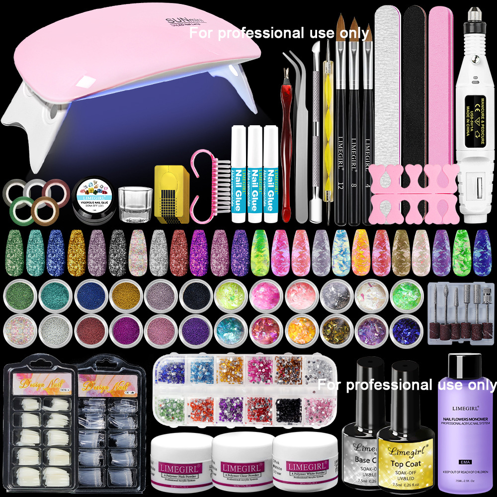 Set de manicura completo con polvo de cristal, líquido de cristal, apto para principiantes, ideal para abrir una tienda, gel de extensión, gel de fototerapia, set de pulido, opcional.