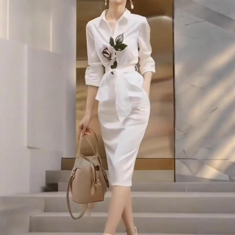 25061 Jieyu show white printed shirt dress women's 2025 new this year's popular spring 25061 Jieyu show white printed shirt dress women's 2025 new this year's popular spring