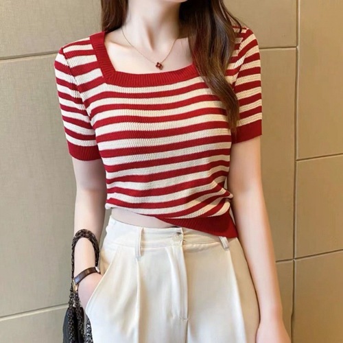 Women's Summer Design Stripe Short Sleeve T-Shirt Pure Desire Sweet Fitted Slimming French Unique Crewneck Knit Top