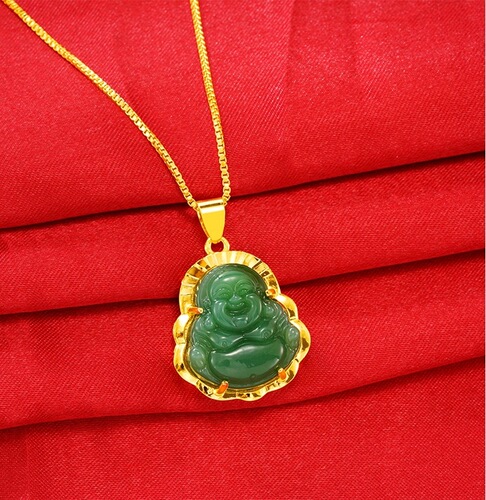 Vietnamese sand gold Maitreya Buddha chalcedony jade pendant necklace brass gold-plated Hetian jade gold inlaid jade female pendant live supply