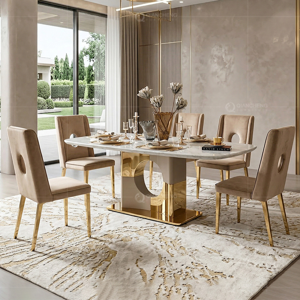Mesa de Comedor Rectangular de Mármol Artificial y Metal, Personalizable, para Restaurante
