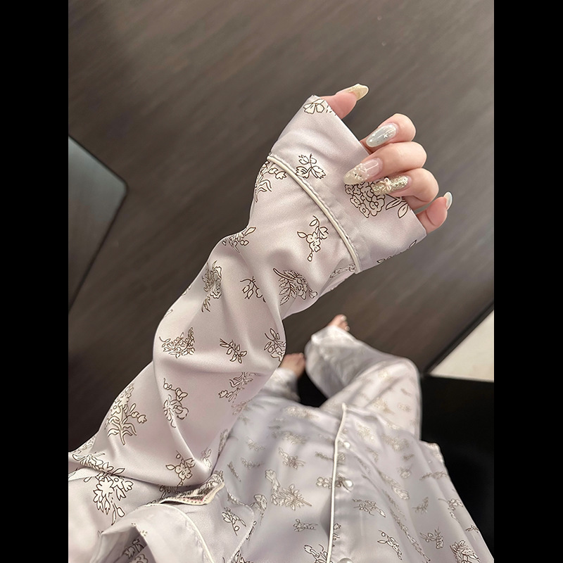法式甜美碎花翻领冰丝睡衣女春秋季大码舒适长袖长裤家居服两件套