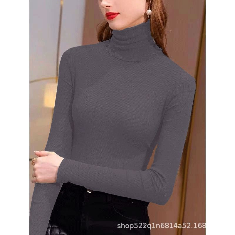 리브 벨벳 하이 칼라 베이스 셔츠 여성용 가을 및 겨울 새로운 긴팔 티셔츠 솔리드 컬러 슬림 핏 따뜻한 내부 탄성 허리
