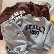 清仓！儿童套装2024冬款男童小熊加绒卫衣女童一体绒卫裤两件套