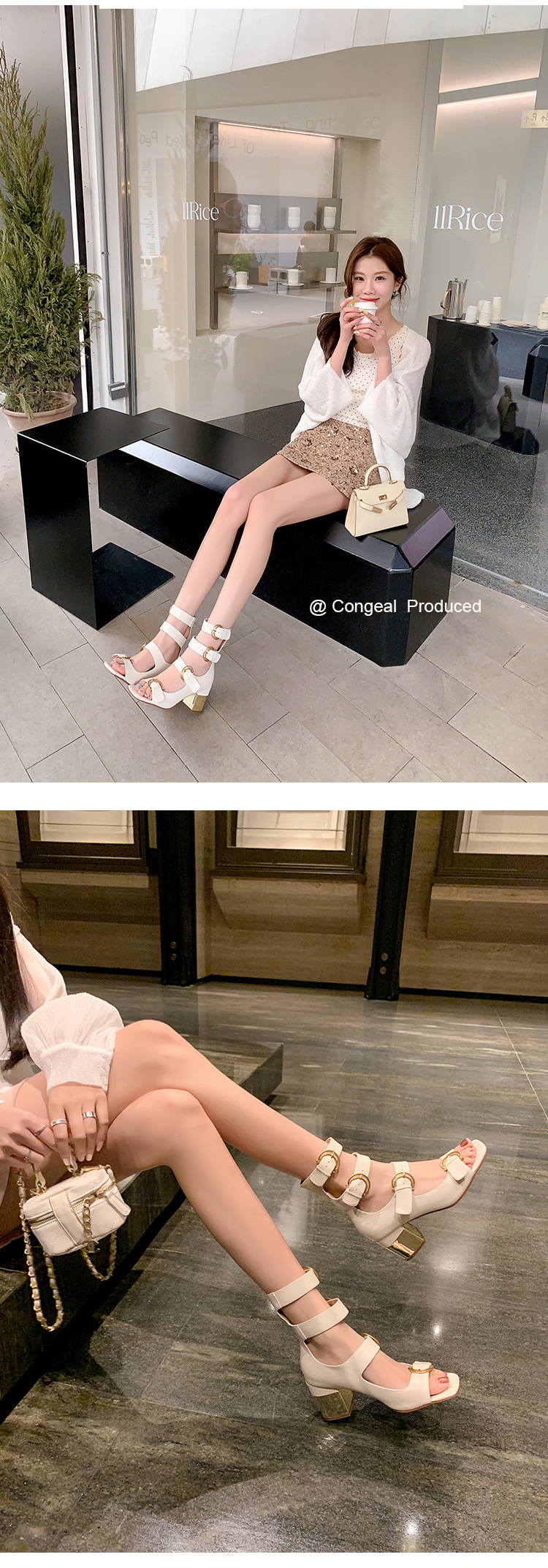 Giày sandal cao gót nữ thiết kế khóa thắt lưng, mũi hở, gót vuông 9 cm — Màu đen, Màu trắng be, Màu bạc chi tiết 12