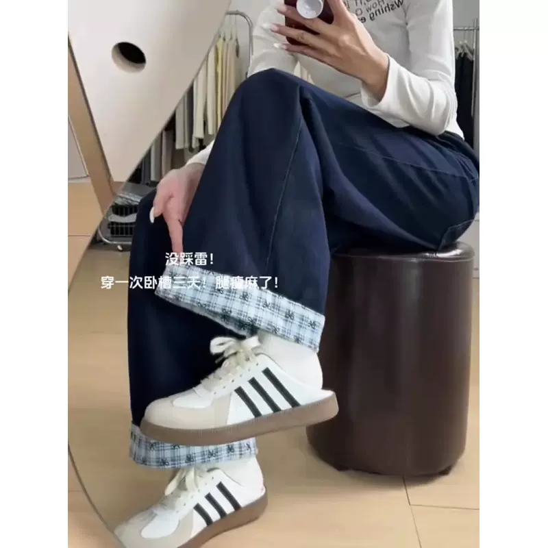 美式设计感格子拼接牛仔裤女春季2025新款蝴蝶结宽松直筒阔腿长裤