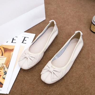 2021雅梦纤足新款真皮蝴蝶结奶奶鞋复古学生方头浅口单鞋女豆豆鞋