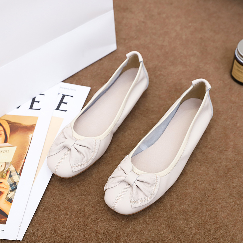 2021雅梦纤足新款真皮蝴蝶结奶奶鞋复古学生方头浅口单鞋女豆豆鞋