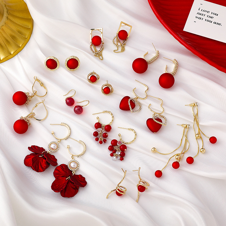 Neue Rote Perle Blütenblatt Quaste Ohrringe display picture 22