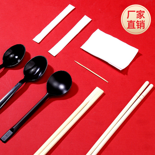 Disposable chopstick set, four-piece takeout set, four-in-one tableware package, paper towel, spoon, toothpick, kraft paper packaging