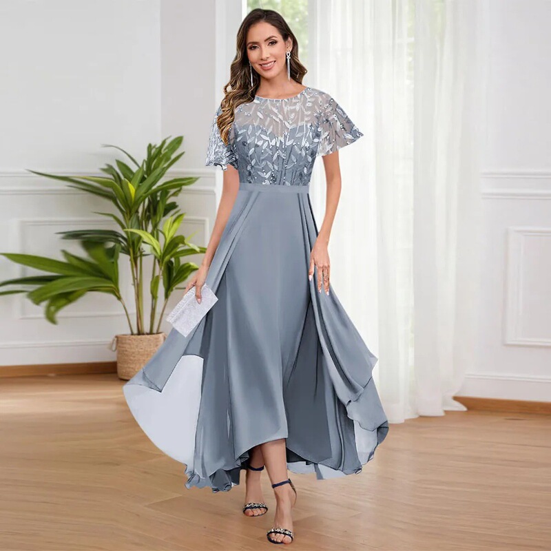 Women's sequined chiffon evening dress, short sleeves, asymmetrical hemline, suitable for banquets, with a sophisticated and elegant look, also perfect for everyday wear as a long dress Women's sequined chiffon evening dress, short sleeves, asymmetrical hemline, suitable for banquets, with a sophisticated and elegant look, also perfect for everyday wear as a long dress