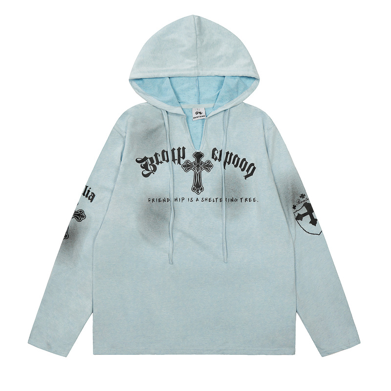 American Retro Cross Gothic Style Slightly See-Through Hooded Blouse for Women 2026 Spring New Air-Conditioning Shirt Long-Sleeved T-Shirt