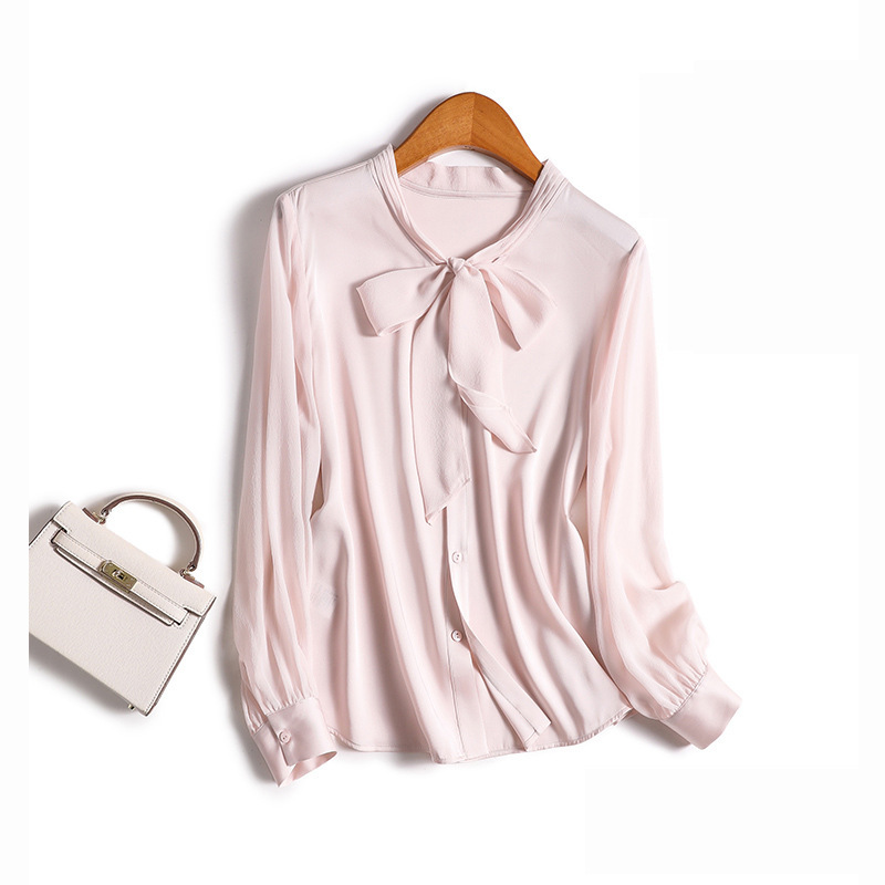 Fairy-Like Fluttering~ Tucker Pleated Collar + Bow Silk Shirt Women's Long-Sleeved 2025 Spring New Mulberry Silk Top