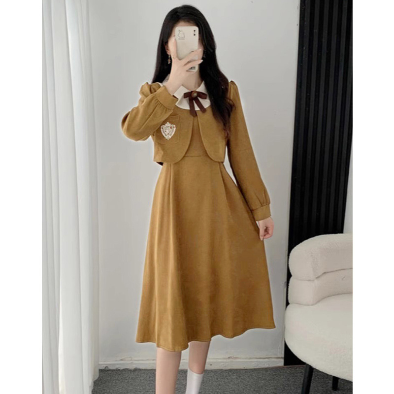 学院風偽二枚のワンピース女性秋の新型フレンチレトロ高級感制服小柄ロングスカート|undefined
