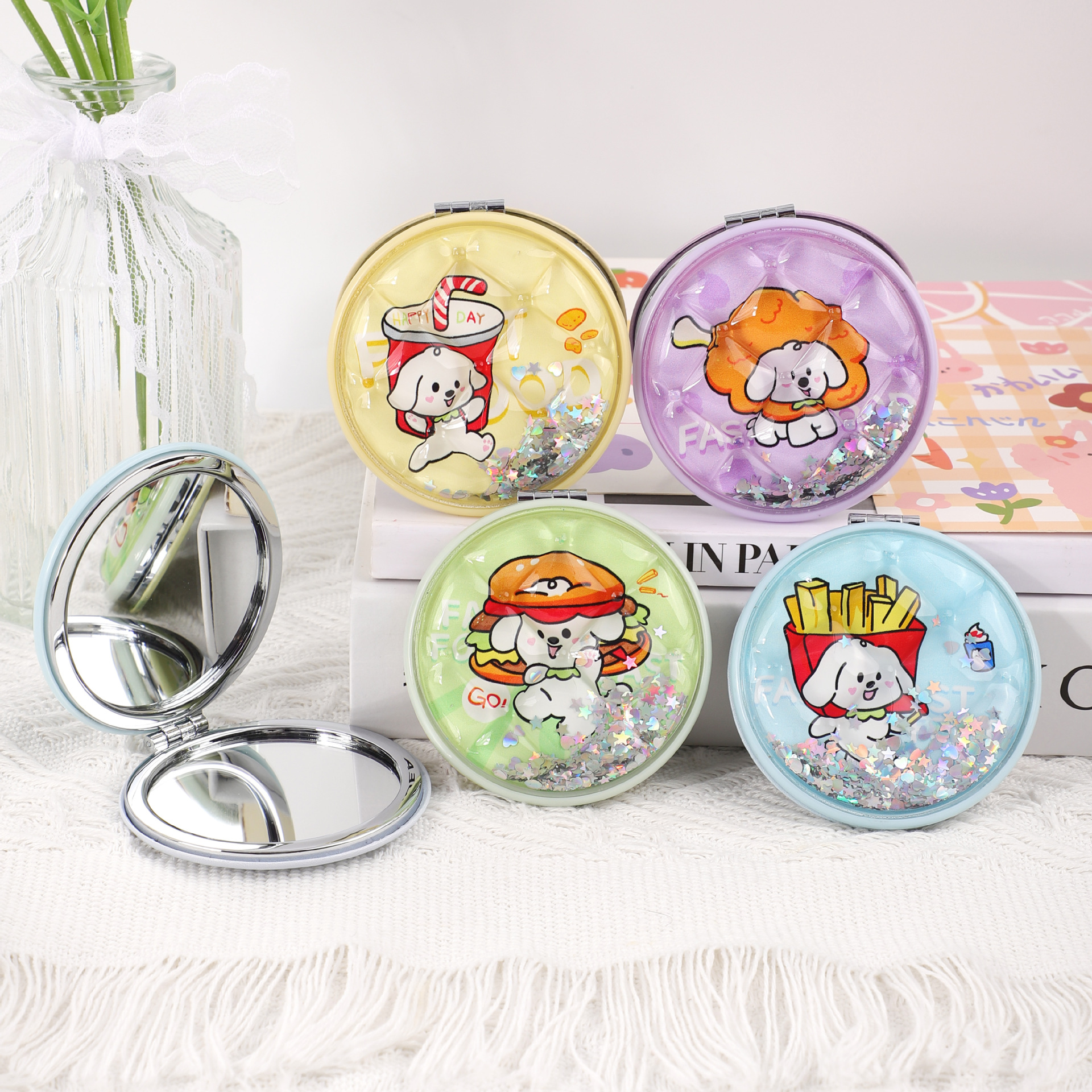 Moda creativa, gran círculo, pantalla completa, espejo de maquillaje de arenas movedizas, espejo pequeño, espejo portátil, belleza